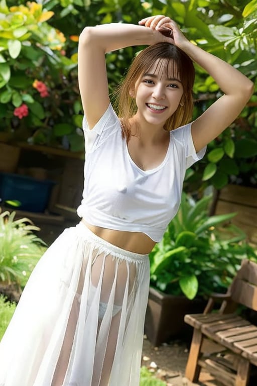 1girl, arms up,nature,outdoors,bara, brown eyes, brown hair, earrings, grin, jpgirlxz, long hair, looking at viewer, white shirt,blue long skirt, panties, realistic, smile,mid breasts,  solo, see see-through, <lora:SD1.5_JPGIRLXZ.64:0.6>