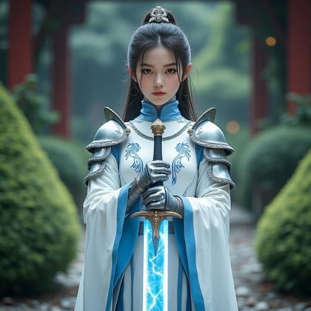 cinematic shot of a beautiful Chinese female knight, wearing white and blue porsline armor, holding a magical glowing sword in front of her, garden in background, hkstyle, super realistic, style of epic cinematic, amazing quality