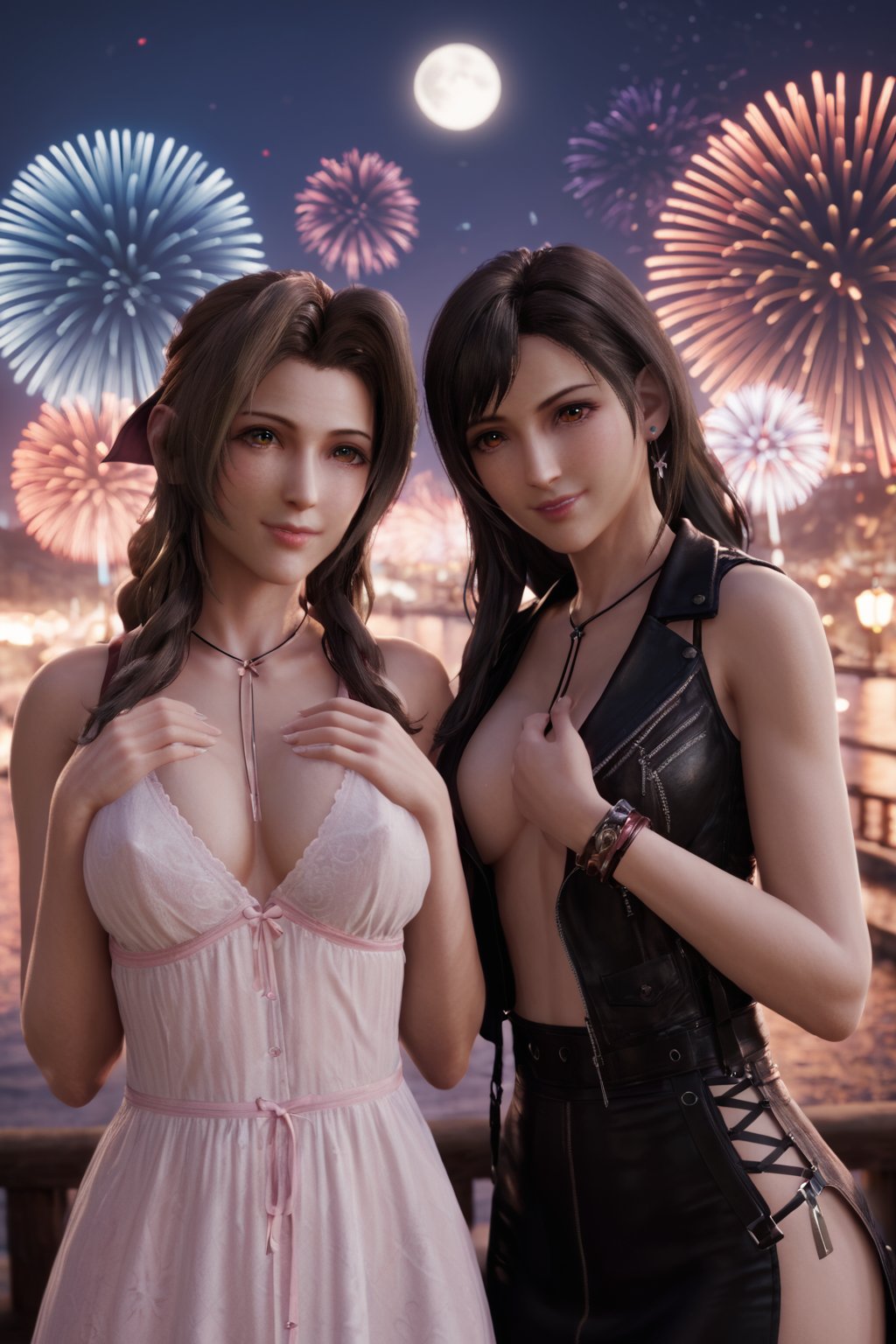 score_9, score_8_up, score_7_up, sexy boudoir photography by Hajime Sorayama, (close up), 2girls, AerithFF7R, aerith gainsborough, and tifa lockhart, long hair, fireworks, realistic, hands on own chest, night moon, bridge, (looking at viewer), blurry background<lora:EMS-465549-EMS:0.800000>