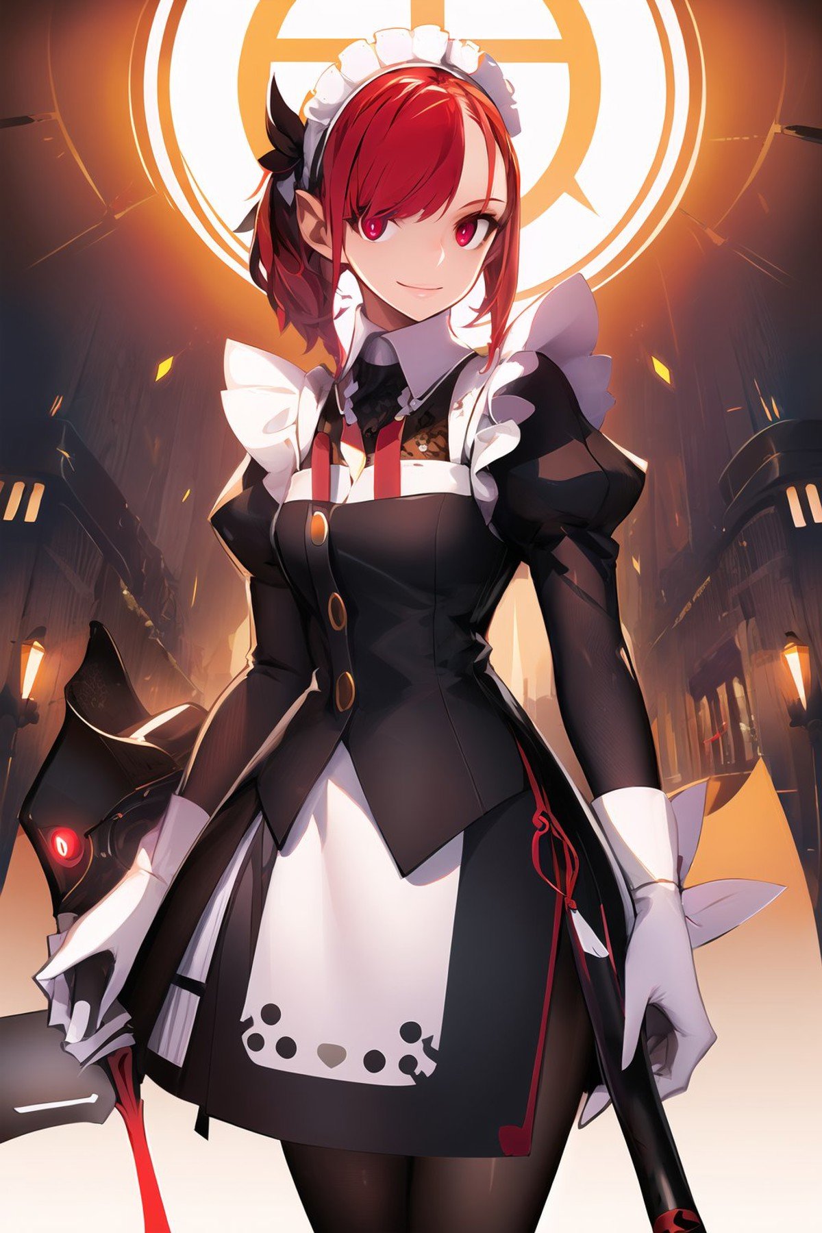 (masterpiece, best quality:1.2), <lora:style_panamaman-20:1>, (thick outlines, cinematic lighting:1.2), solo, 1girl, maid, facial mark, smile, looking at viewer, (holding weapon:1.2), gradient hair, red hair, maid headdress, red eyes, glowing eyes, bright pupils, juliet sleeves, white pantyhose, mansion interior