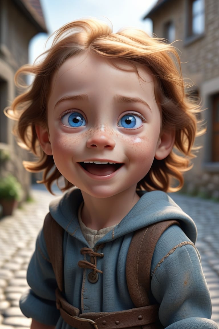 Create a highly detailed, 3D animated portrait of a young child with strikingly expressive blue eyes, a wide smile, and a look of innocent wonder. The child should have freckles and tousled brown hair, with the lighting highlighting the texture of the skin and hair. Position the child on a cobblestone street, with the background subtly blurred to keep the focus on the child's face. The setting should suggest a historical or medieval context, with the child wearing simple, rough-spun clothing. The overall tone of the image should evoke a sense of curiosity and adventure, capturing the child's awe and excitement at exploring their surroundings