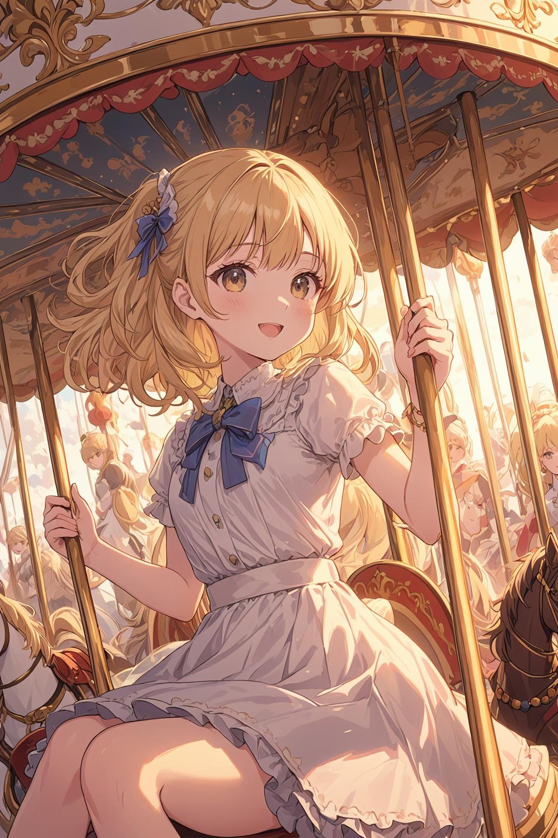 ultra-detailed,(best quality),((masterpiece)),(highres),original,extremely detailed 8K wallpaper,(an extremely delicate and beautiful),anime,\\,BREAK1girl,beautiful,blonde hair,happy,on a carousel,anime style,nice,perfect,finely detailed,aesthetic,ideal,impeccable,