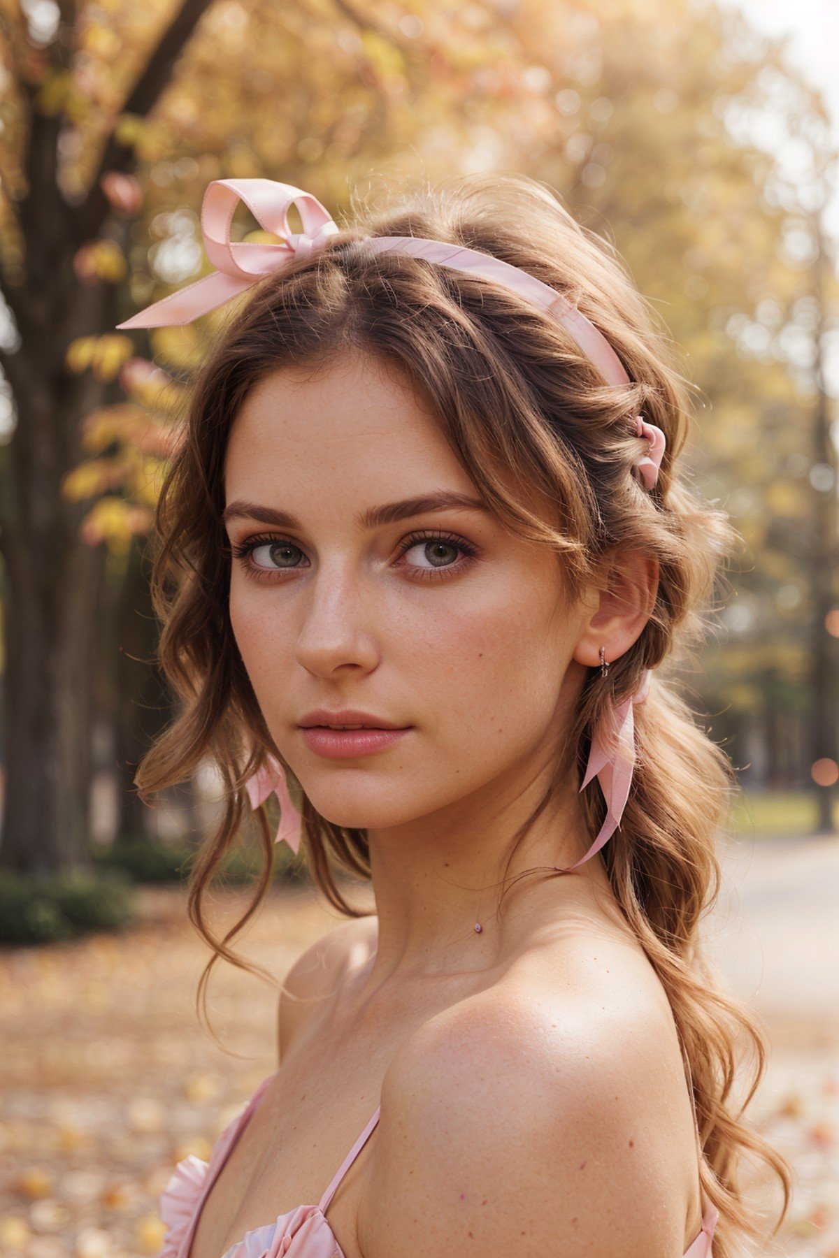 photo of a beautiful woman looking into camera, shoulder, hair ribbons, half body portrait, pastel colors, autumn lights