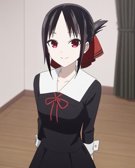 best quality,masterpiece,highres,1girl,solo,newest,rating: general, looking at viewer ,   <lora:Kaguya_XL-step00001200:0.9> ,(kaguya, bangs, black hair, red eyes, sidelocks, shinomiya kaguya,folded ponytail,parted bangs),hair ribbon, ribbon, red ribbon, , dress, black dress, school uniform, shuuchiin academy school uniform,smile