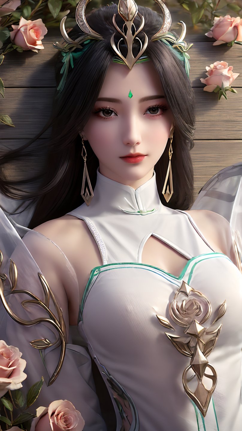 ((masterpiece)),((best quality)),wallpaper,exquisite facial features,high detail,original,ls,1girl,solo,chinese clothes,jewelry,earrings,black hair,wings,long hair,hair ornament,looking at viewer,facial mark,closed mouth,clothing cutout,shoulder_armor,,depth of field,pink roses,flower field,peach_blossom,circlet,(lying down:1.2),upper_body,lying on the ground,<lora:玫瑰花场景-王导:0.6>