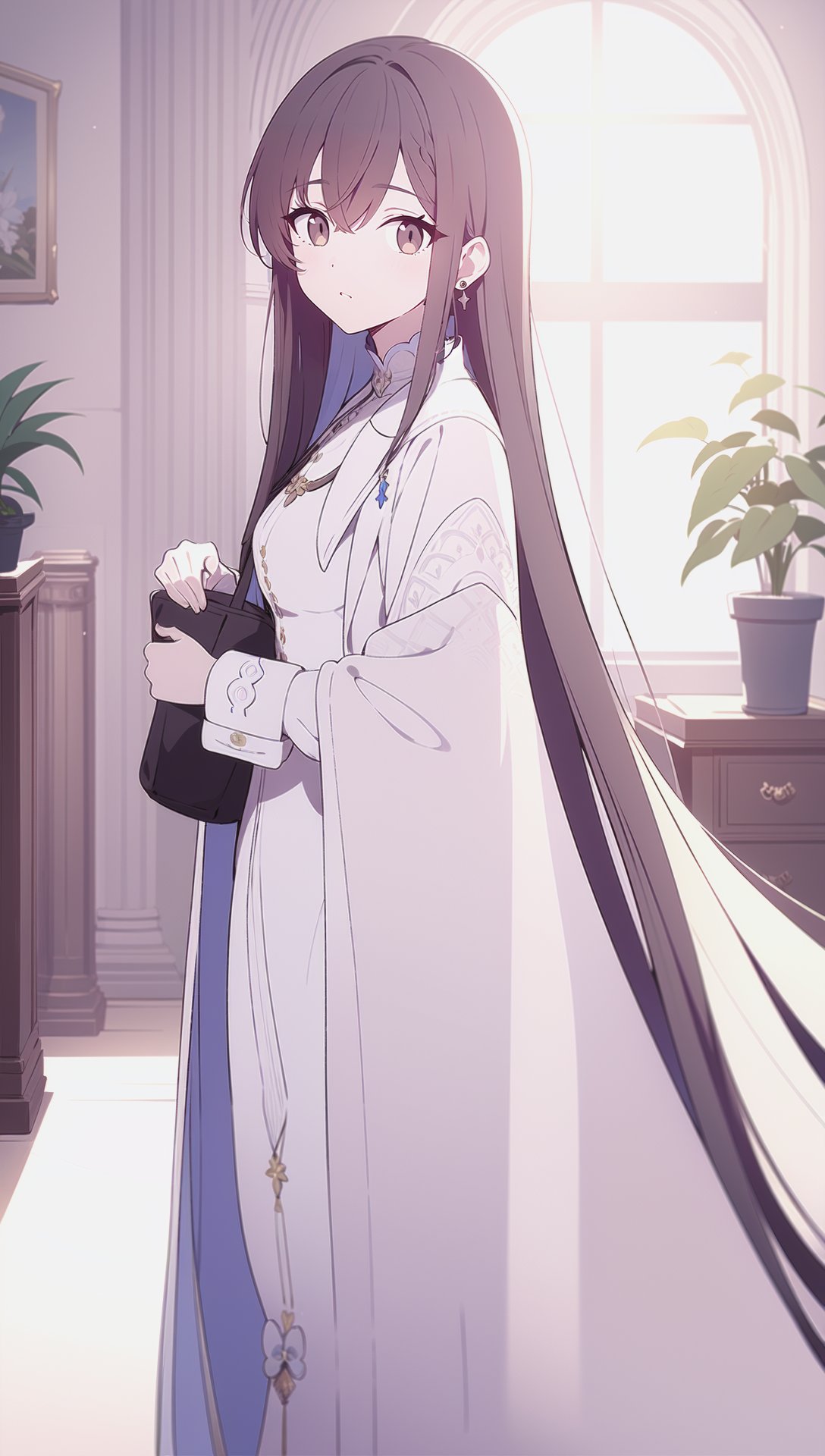 (masterpiece best_quality) long_hair brown_hair plant looking_at_viewer brown_eyes bag white_coat long_sleeves indoors holding bangs coat solo_focus dress standing white_dress 1girl jewelry earrings hair_between_eyes open_clothes