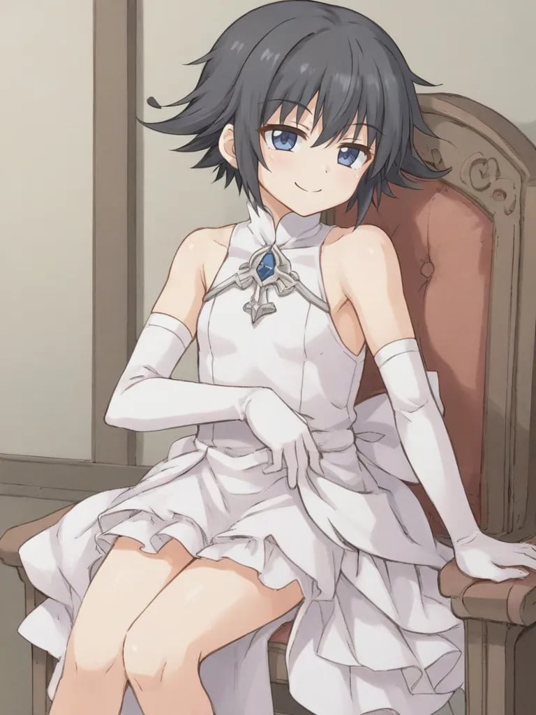 <lora:AnnieEilenbergAtelierAnnie:0.7>1girl, solo, annieatelier, short hair, black hair, blue eyes, white dress, sleeveless, elbow gloves, fancy dress, sitting, chair, indoors, mansion, smile, smug