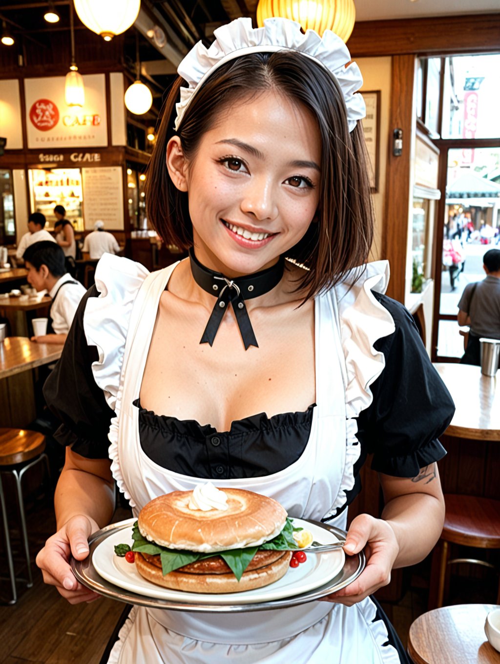 score_9, score_8_up, score_7_up,cowboy shot, cafe, japanese girl,maid, maid apron, seductive smile, holding tray, collar, 