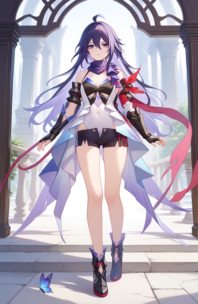 <lora:星铁希儿2pony:1>,seele (honkai: star rail),a girl named seele (honkai: star rail),1girl,solo,looking at viewer,bare shoulders,purple scarf,black shorts,covered navel,short shorts,black gloves,detached sleeves,fingerless gloves,black footwear,scarf,butterfly,, (score_9,score_8_up,score_7_up),(masterpiece,best quality,high quality:1.2),absurdres, prefect lighting, very aesthetic, anime BREAK