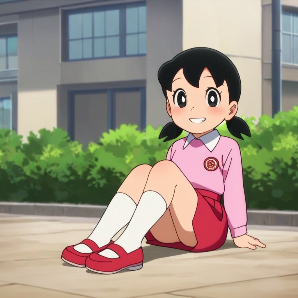 score_9, score_8_up, score_7_up, score_6_up, score_5_up, score_4_up, source_anime,minamoto shizuka,1girl, solo, skirt, twintails, red skirt, black hair, smile, shirt, outdoors, sitting, black eyes, looking at viewer, yokozuwari, bright pupils, low twintails, long sleeves, shoes, pink shirt, white pupils, collared shirt, grin, day, socks, white socks, short twintails, on ground, building, full body, blush, arm support, teeth, sky,masterpiece, perfect face, best quality, beautiful eyes, shiny eyes, anime coloring, anime screencap, absurdres, award winning, <lora:minamoto shizuka nai3 905:0.7>