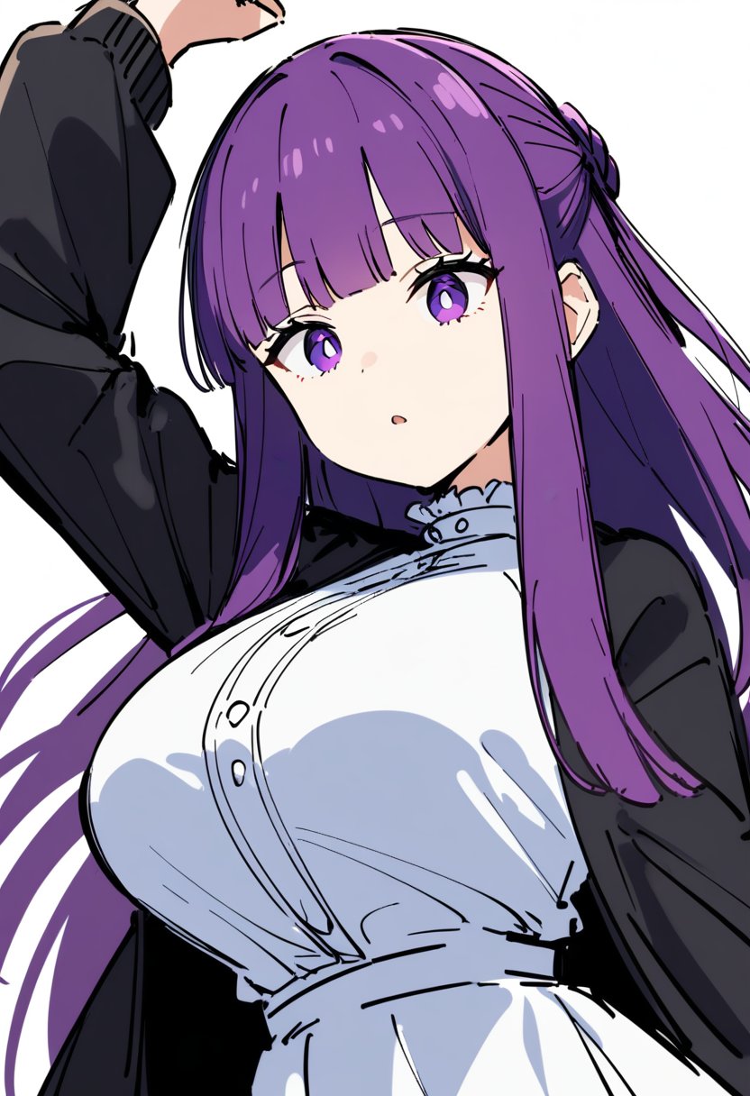 1girl, solo, fern \(sousou no frieren\), sousou no frieren, sketch,long hair, purple hair, purple eyes, braid, large breasts, white dress, black cardigan, expressionless, arm up, open mouth, white background,masterpiece, best quality, very aesthetic, absurdres,