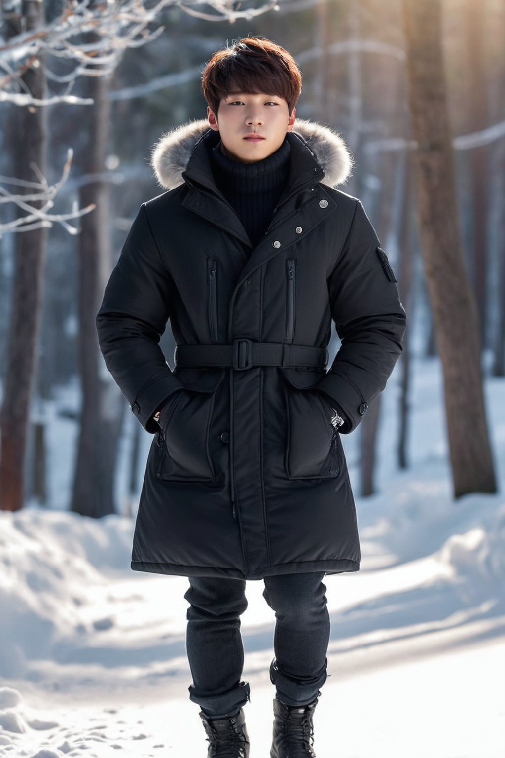 high quality, 1boy, (Korean boy son of Jung Jacob Kook 18yo), Yukon, snow, winter, slim body, (twunk:1.1), dressed for winter. masterpiece, realistic skin details skin texture skin imperfections, candid photograph, detailed realistic face, winter, playful, coat, detailed background, sunlight ray tracing, hyper detailed photorealistic life-like accurate proportional, 8k sharp focus, empty hands, (accurate cinematic lighting), photorealistic detail, (selective focus:0.6)