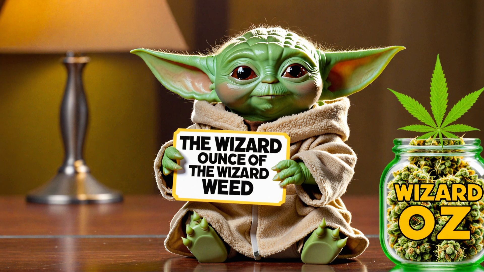 photo of baby yoda with a jar of cannabis with a sign saying "the wizard of oz" ounce of weed