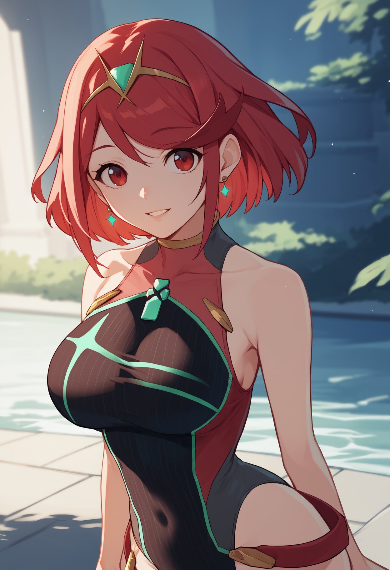 score_9, score_8_up, score_7_up, source_anime BREAK 1girl, solo, <lora:pyra-xb-richy-v1_pdxl:0.8> prsum, red eyes, red hair, short hair, tiara, earrings, chest jewel, one-piece swimsuit, smile, parted lips, 