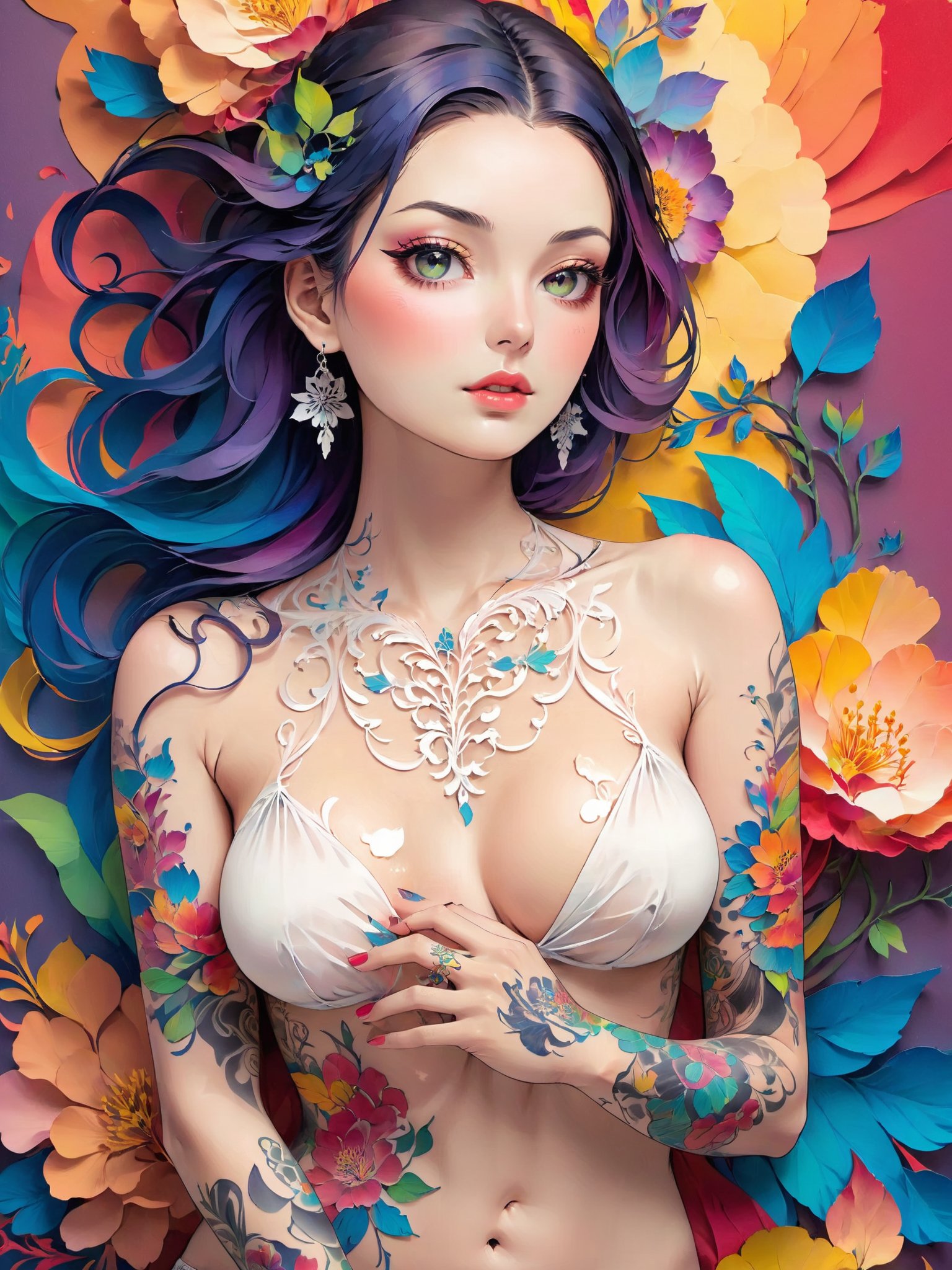 masterpiece,high quality,paper-cut art, offcial art, colorful, Colorful background, splash of color, A beautiful woman with delicate facial features, The chest is large, tattoo all over body, Flower arms, Colorful and colorful silks cover the body, The looming body, Sideways photo,(tattoos))