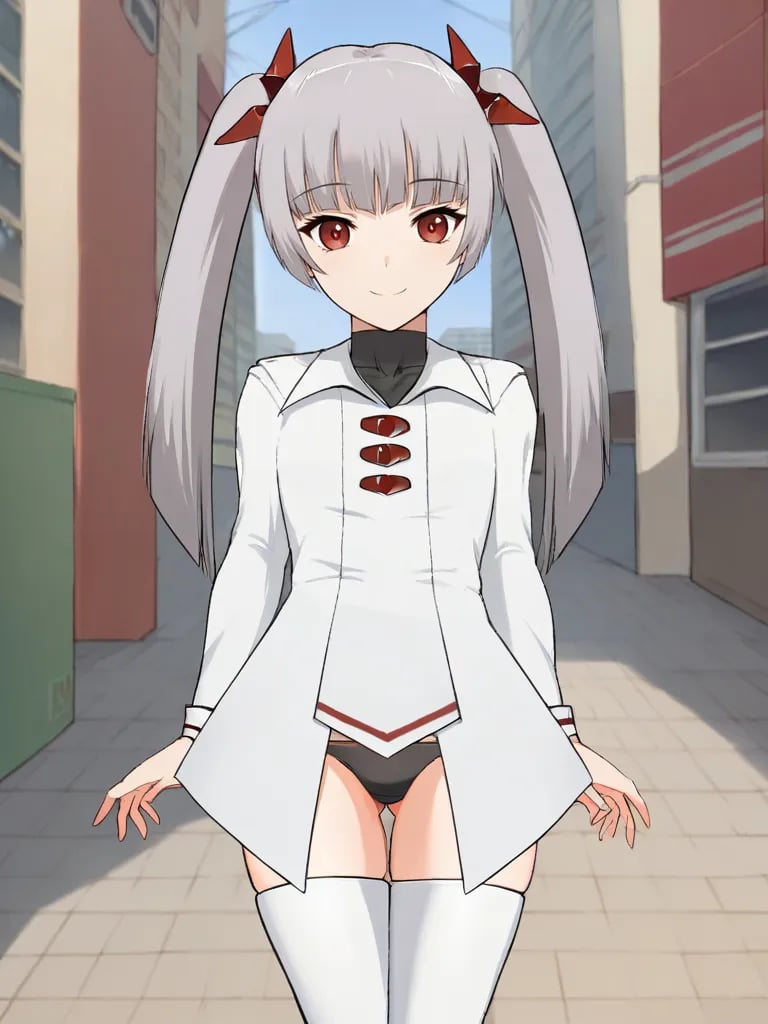 <lora:miamgbpony:1>,score_9, score_8_up, score_7_up, 1girl, solo, miamgb, grey hair, twintails, hair ornament, red eyes, magical girl, underwear, thigh boots, standing, looking at viewer, outdoors, streets, cowboy shot, smile, looking at viewer,