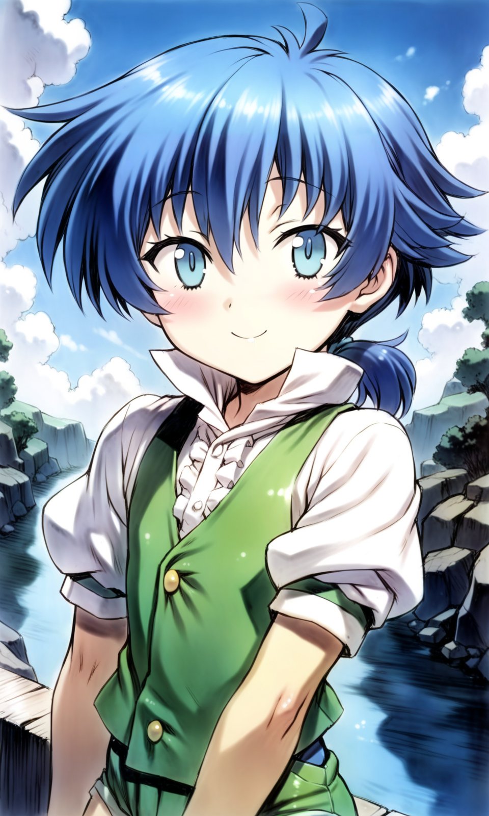 solo, 1boy, lloyd, aqua eyes, blue hair, short hair, low ponytail, shiny hair, shiny skin, green vest, white shirt, puffy short sleeves, green short shorts, looking at viewer, smile, upper body, day, outdoors, river, sun, cloud, condensation tral, masterpiece, best quality, very aesthetic, absurdres, by mogudan, <lora:LloydDeSaloum_XL:1> 