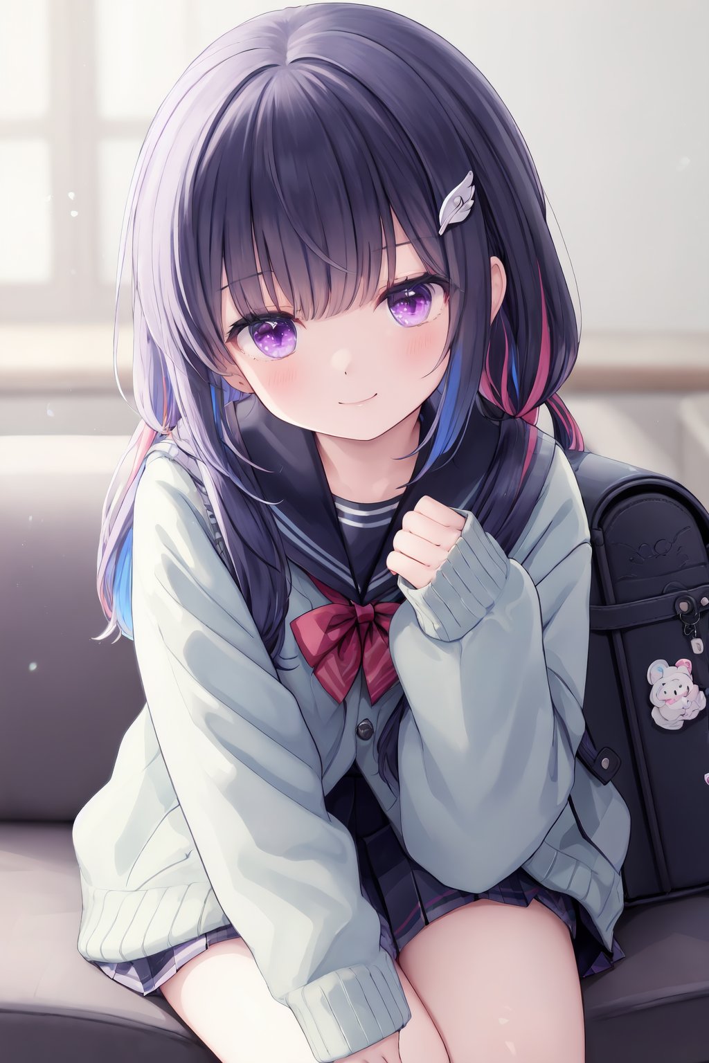 1girl, lize helesta, virtual youtuber, bag, solo, long hair, hair ornament, multicolored hair, looking at viewer, purple eyes, bangs, long sleeves, sitting, pleated skirt, cardigan, closed mouth, sleeves past wrists, blue cardigan, school uniform, school bag, blue hair, braid, blurry background, white hair, blurry, sailor collar, indoors, smile, blush, depth of field, backpack, two-tone hair, hairclip, couch, yunmi style, sf5etf98, s6f8ey8vsdj, dr6g8cvwo, s5fr8gt, a35veo8vsdo, c6gw9oyh, c6s9eo5j