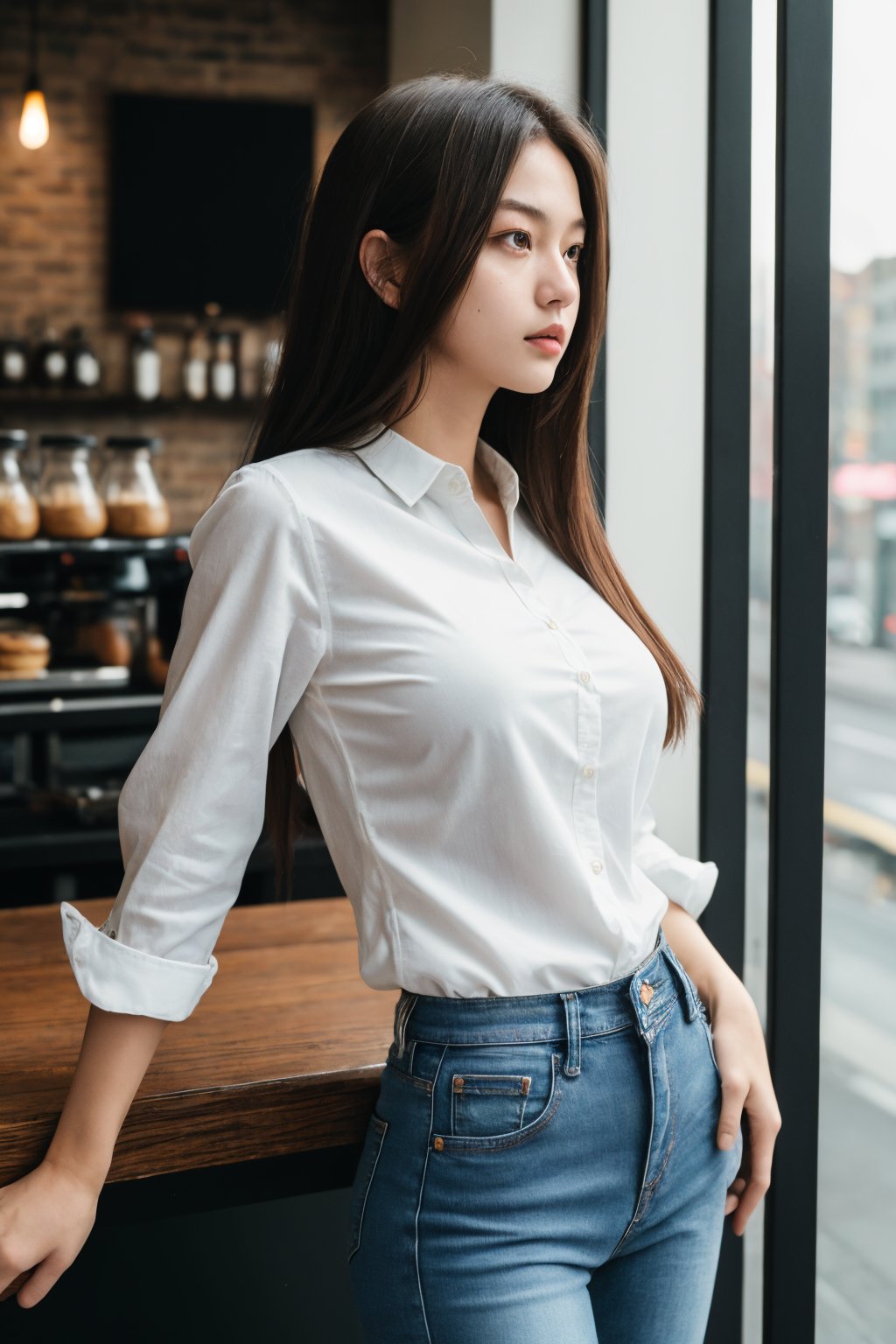 (masterpiece:1.35), (best-quality:1.4), 8k, ultra-detailed, film grain texture, photography, adult girl, upper body, slim body, looking at viewer, coffeeshop, solo, long hair, medium breasts, white shirt, jeans, 