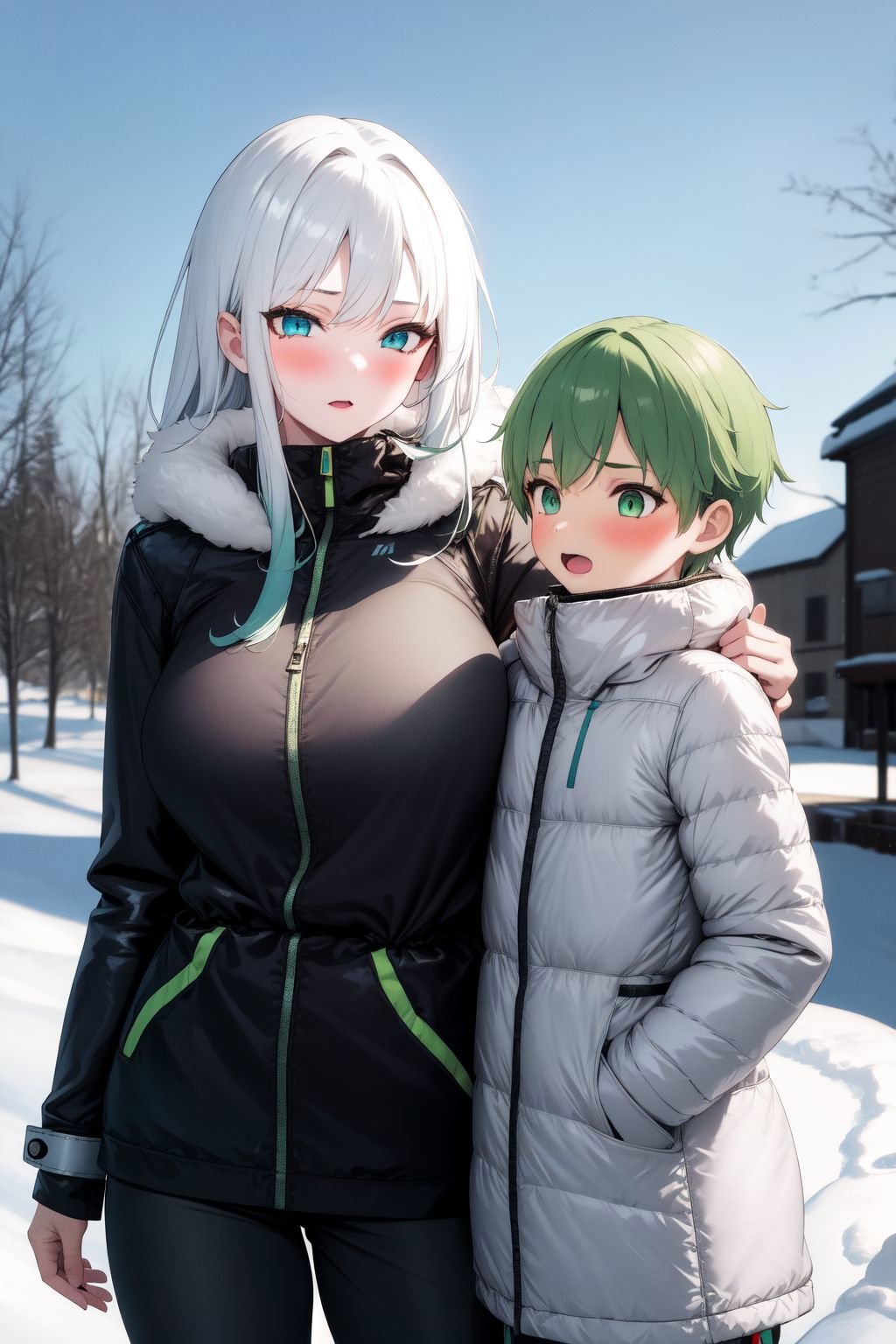 <lora:bigsislitbro_cpt_v01.10.10.02:1>, bigsislitbro, girl and boy, 1girl, long hair, white hair, breasts, winter coat, 1boy, shot hair, track pants, light green hair, outdoors