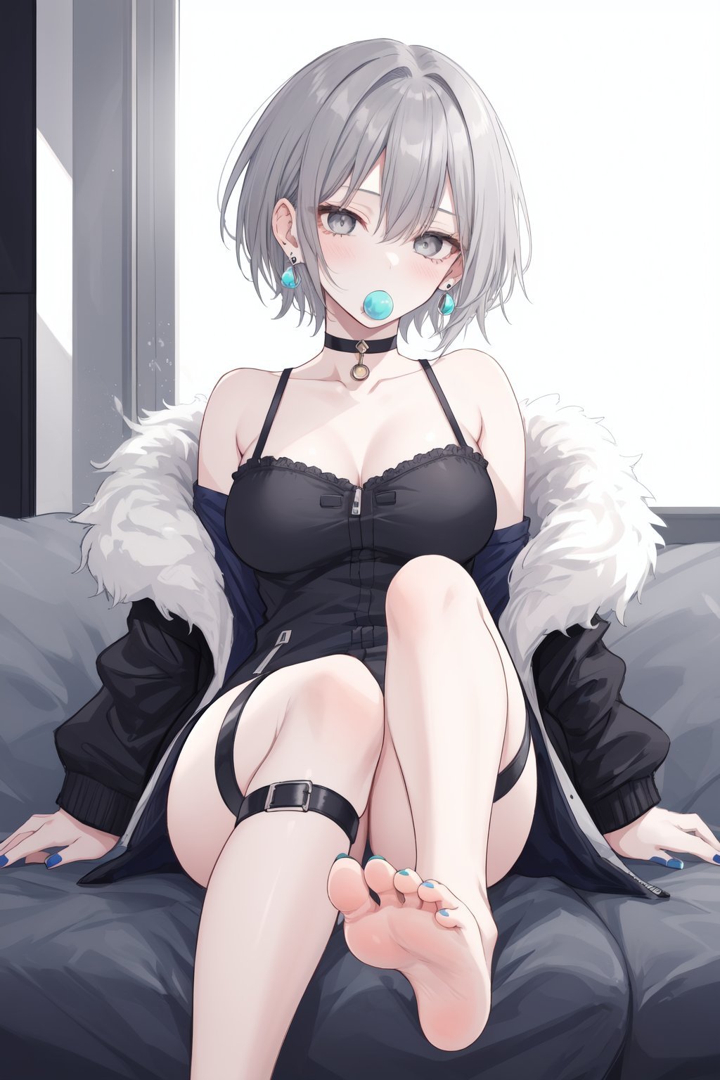 1girl,foot focus,feet,toenail polish,toenails,toes,solo,barefoot,grey eyes,nail polish,grey hair,jacket,foreshortening,soles,looking at viewer,chewing gum,sitting,bronya zaychik,thigh strap,short hair,fur trim,bubble blowing,breasts,bangs,choker,earrings,jewelry,goggles,blue nails,fur-trimmed jacket,md-style,