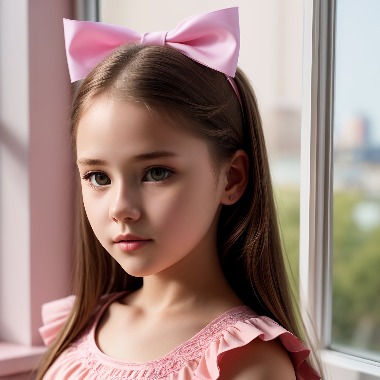 SFW, (masterpiece:1.3), wallpaper, view from below, close up of seductive (AIDA_LoRA_HanF:1.07) <lora:AIDA_LoRA_HanF:0.66> in a pink shirt and with a pink bow on her head posing for a picture in front of window, sunlight, little girl, pretty face, seductive, cinematic, dramatic, insane level of details, intricate pattern, studio photo, kkw-ph1, hdr, f1.6, getty images