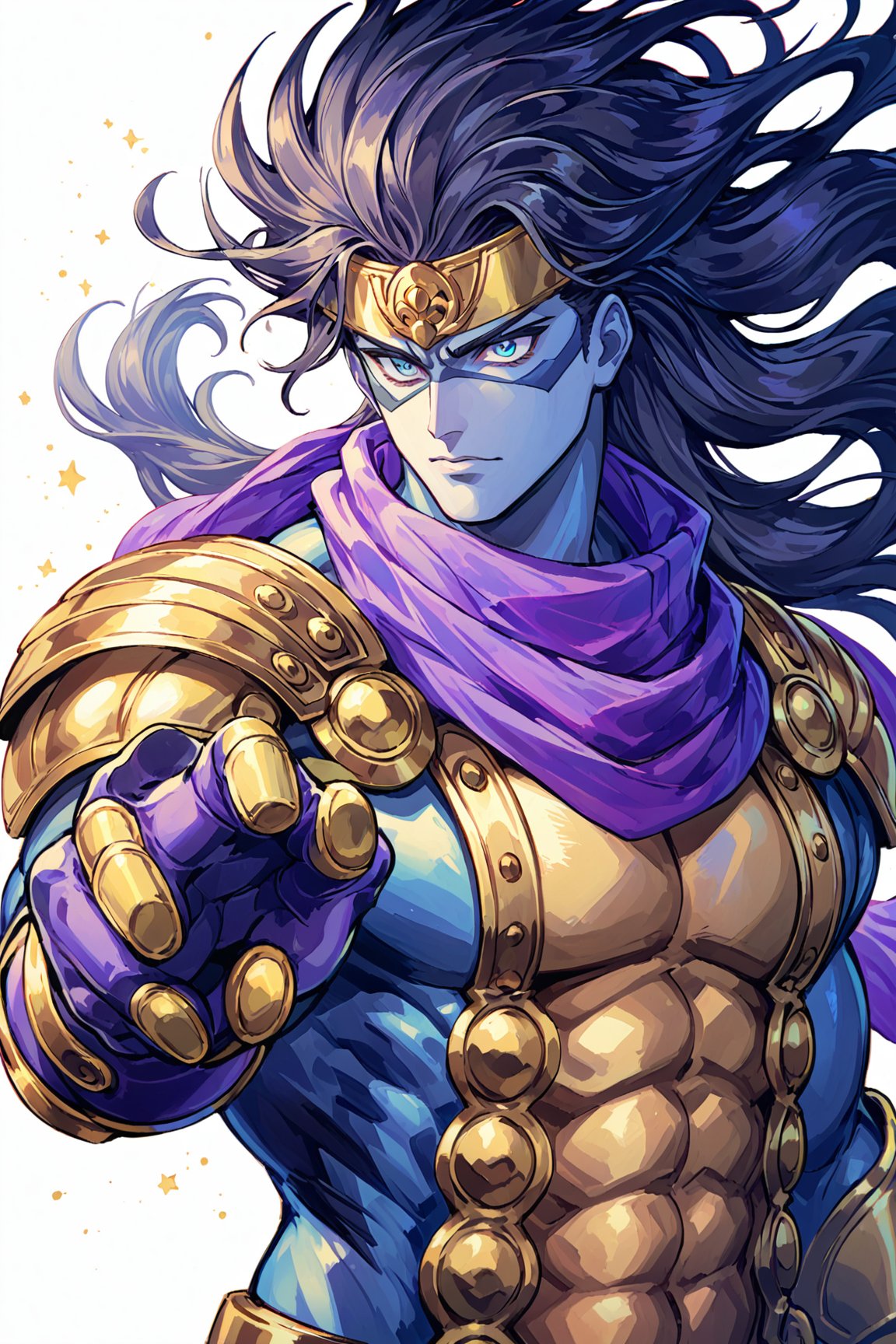 ultra-detailed,(best quality),((masterpiece)),(highres),original,extremely detailed 8K wallpaper,(an extremely delicate and beautiful),anime,\\,BREAKsuwabe,star platinum,stand (jojo),solo,gloves,fingerless gloves,1boy,male focus,colored skin,pauldrons,shoulder armor,black hair,armor,upper body,blue skin,long hair,white background,muscular,simple background,blue eyes,kujo jotaro,scarf,<lora:suwabe_xl-v3:0.5>,