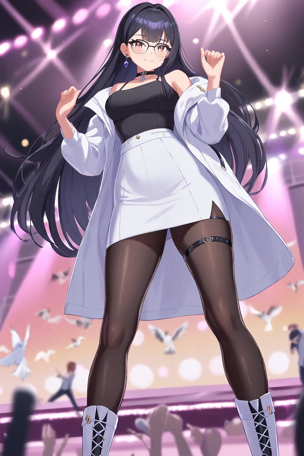 sinuo,1girl,long white coat,long hair,boots,(black shirt:1.2),glasses,looking at viewer,black-framed eyewear,jewelry,thigh strap,black pantyhose,earrings,smile,choker,bare shoulders,black hair,<lora:zhijiang-sinuo-000004:0.5>,masterpiece,best quality,(pencil_dress:1.1),(collared_dress:1.2),stage,stage lights,birds,blurry background,blurry foreground,open clothes,from below,dancing,hands up