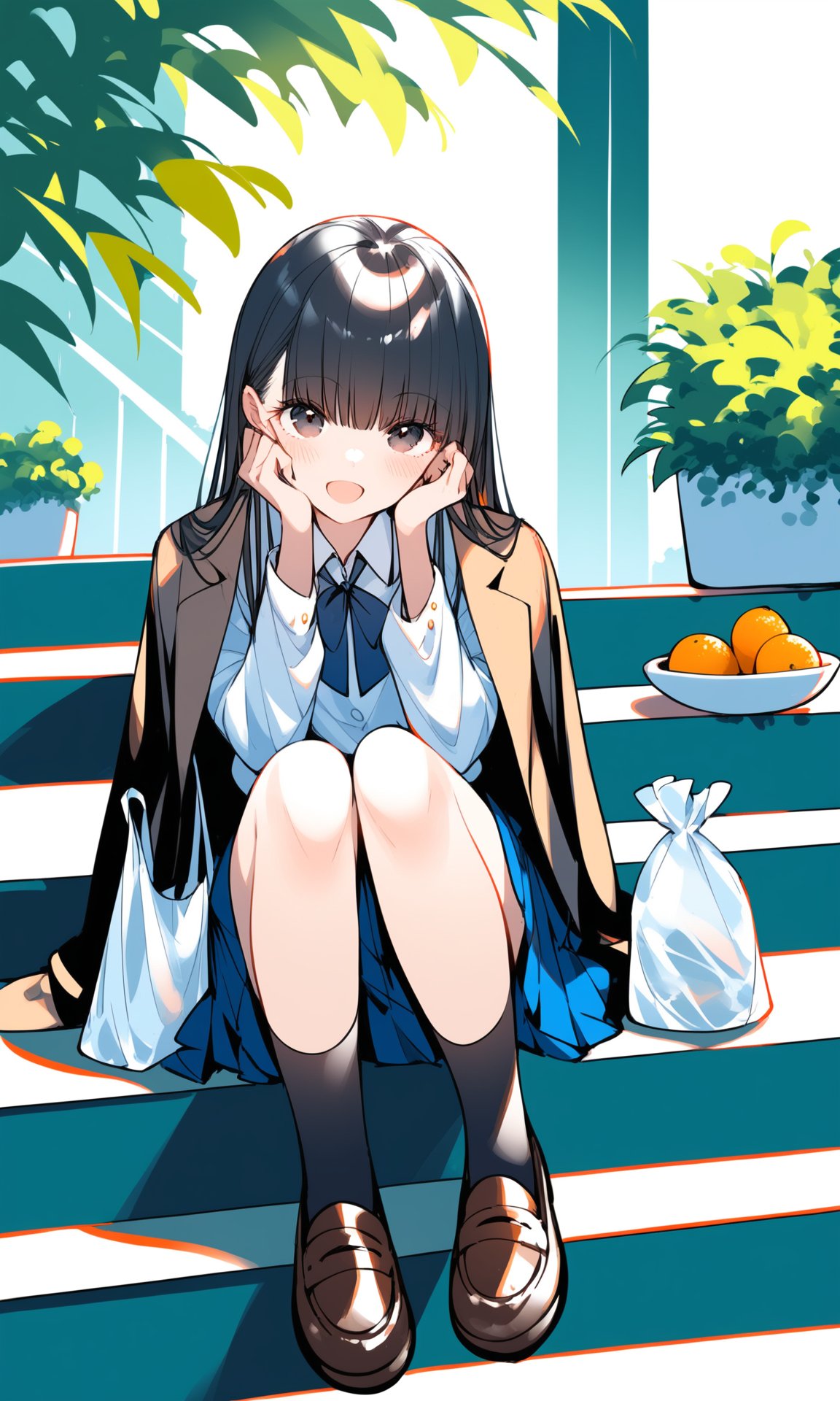 1girl, black hair, sitting, stairs, long hair, bag, solo, socks, skirt, shoes, food, smile, jacket, fruit, open mouth, looking at viewer, bottle, head rest, school uniform, brown footwear, outdoors, black eyes, bangs, black socks, loafers, railing, long sleeves, hands on own face, plant, blue skirt, hands on own cheeks, jacket on shoulders, shirt, blush, :d, plastic bag, shopping bag