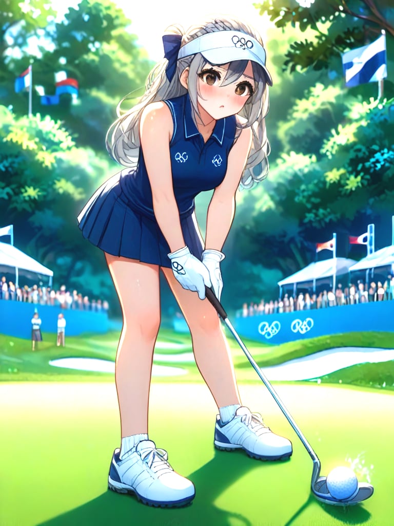 source_anime, playing golf, golf course, holding golf club, golf ball, full body, 1girl, leaning forward, olympic rings, gloves, visor cap, polo shirt, sleeveless, skirt, shoes, grey hair, brown hair, braid, ribbon, shy, blush, parted lips, big tits, outdoors, flagpole, <lora:girllikeplayinggolf_pony:1>