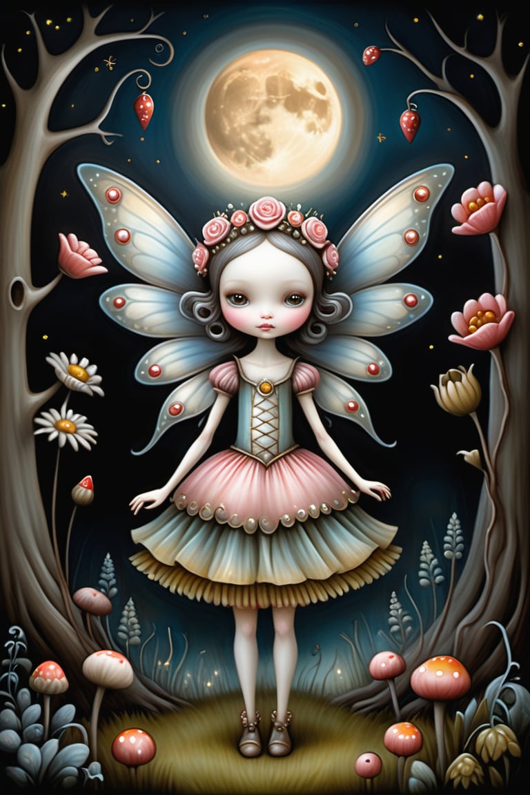 Cinematic scene - side view full body shot. in the style of Nicoletta Ceccoli, Mark Ryden and Esao Andrews. a detailed picture of a cute fairy with elaborate fairy costume and elaborate fairywings in a flower garden forest at night under a full moon in the style Nicoletta Ceccoli, Mark Ryden and Esao Andrews.<lora:EMS-345719-EMS:0.900000>, <lora:EMS-77096-EMS:0.900000>, <lora:EMS-196304-EMS:1.000000>