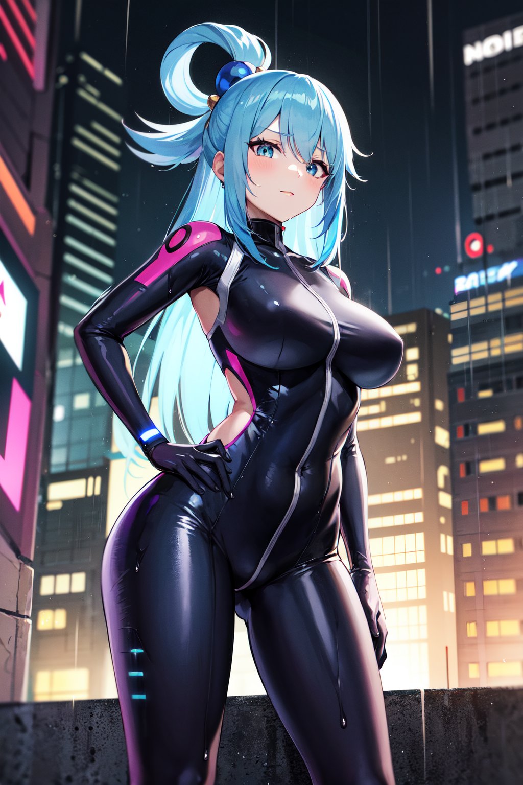 masterpiece, best quality, highres, aaaqua, long hair, blue hair, hair rings, hair ornament, <lora:aqua_(konosuba)_v1:0.7>, night, cyberpunk, bodysuit, rain, wet, city, street, gloves, standing, hand on hip,