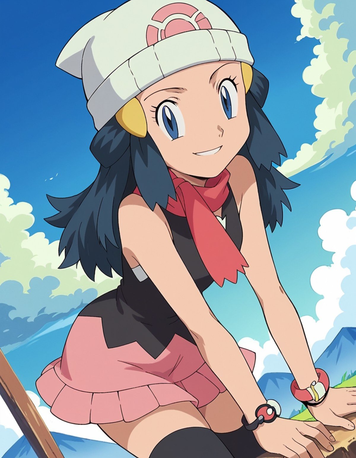 score_9, score_8_up, score_7_up, source_anime, pokemondawn, <lora:pokemon-dawn-anime-ponyxl-lora-nochekaiser:1>, pokemon dawn, black hair, blue eyes, sidelocks, long hair,, bare shoulders, beanie, black shirt, black socks, bracelet, hat, jewelry, kneehighs, miniskirt, pink skirt, red scarf, scarf, shirt, skirt, sleeveless, sleeveless shirt, white headwear,, landscape, bent over, smile, looking at viewer, solo, cowboy shot, dutch angle