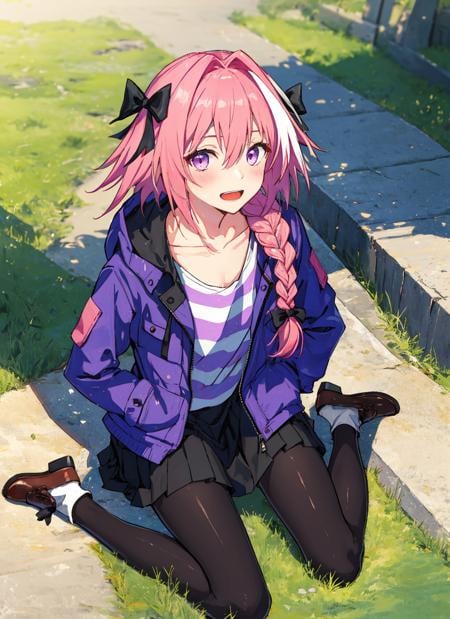 (masterpiece:1.2), ultra-detailed, illustration, absurdres, Astolfo, black skirt, long braid, braid, looking at viewer, purple eyes, hair between eyes, striped, collarbone, hooded jacket, hair bow, 1boy, open mouth, shirt, open clothes, outdoors, black bow, male focus, otoko no ko, solo, pink hair, sitting, miniskirt, single braid, jacket, long hair, long sleeves, black pantyhose, purple jacket, hair intakes, streaked hair, striped shirt, hair ribbon, <lora:Astolfo-05:0.7>, wariza, from above, covering crotch, smile, blush, thick thighs, solo