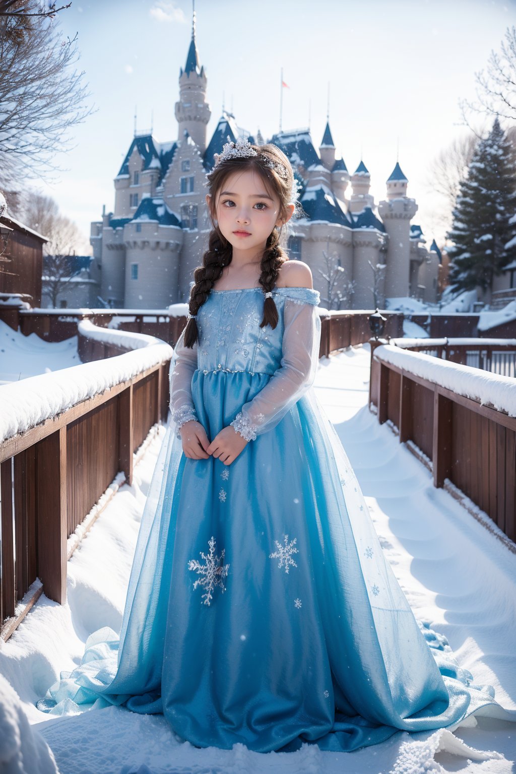 (5 year old girl:1.3),snow,solo,braid,dress,long hair,blue dress,winter,outdoors,tree,sky,brown hair,cloud,hair over shoulder,snowing,standing,looking at viewer,single braid,full body,house,building,castle,bare tree,long sleeves,cloudy sky,artist name,stairs,bare shoulders,snowflakes,long dress,blue eyes,red lips,<lora:AISHA_20240414192804-000002:0.8>,