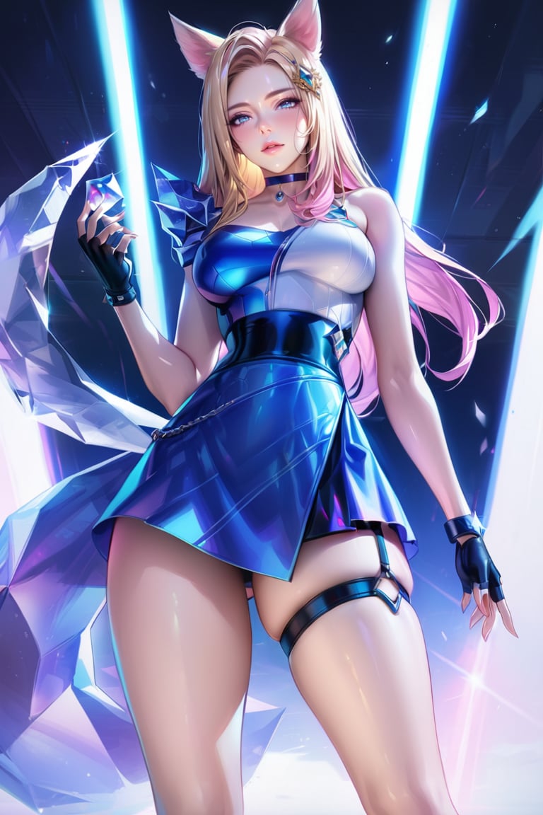 (Masterpiece), mature, HDR,UHD,8K, best quality, Highly detailed, physically-based rendering, extreme detail description, perfect skin, shiny skin, shiny hair,perfect face, 1girl, AllOut, ((asymmetrical_clothing)), blonde hair, blue eyes, pink hair, long sleeve, glove, fingerless glove, thighstrap, multicolored hair, mini skirt, thighs, facial mark, animal ears, tail, crytal, choker,Ahri, blue skirt, white top, K/DA Ahri, bare_shoulder, bare arm, ,LeagueOfLegendsAhri, long hair,ahri<lora:EMS-335737-EMS:0.600000>, <lora:EMS-388761-EMS:0.100000>, <lora:EMS-418655-EMS:0.800000>