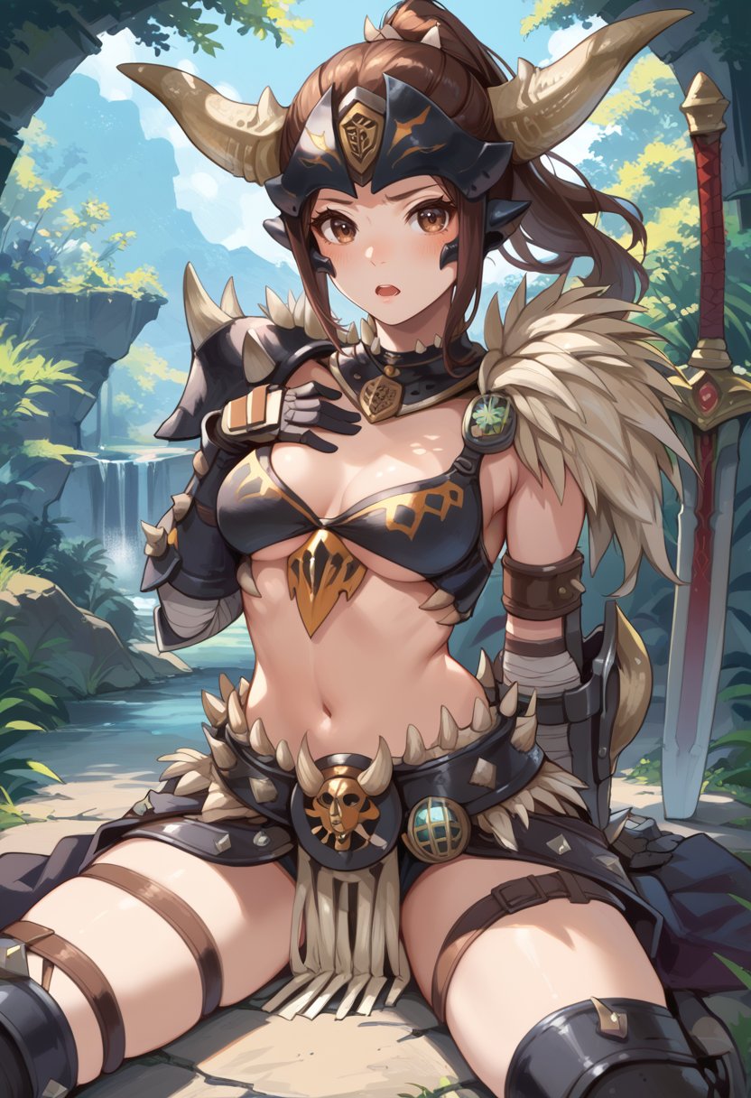 (score_9:0.9),score_8_up,score_7_up,rating_explicit,(zPDXL),(zPDXL3),<lora:Nergigante armor ponyXL v1:0.75>,nergigante armor,1girl,solo,ponytail,sitting,brown eyes,navel,long hair,black knee boots,hand on own chest,looking at viewer,sword,brown hair,horn helmet,medium breasts,black bikini armor,midriff,black gauntlets,open mouth,blush,spikes shoulder armor,black armored skirt, white spikes