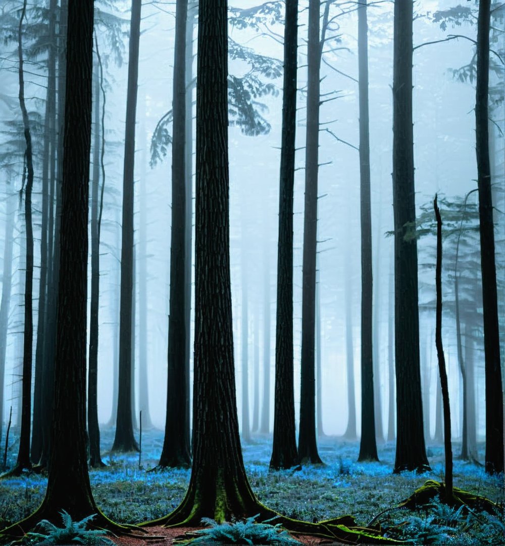 Ethereal forest scene with tall trees,enveloped in mist,cool blue-gray color palette,vertical orientation,soft natural light filtering through tree canopy,no visible wildlife,tranquil and mysterious atmosphere,understated contrast,texture of tree bark and forest floor evident,potential for fantasy or horror context,no discernible artist style,emphasis on mood rather than detail,average quality.,