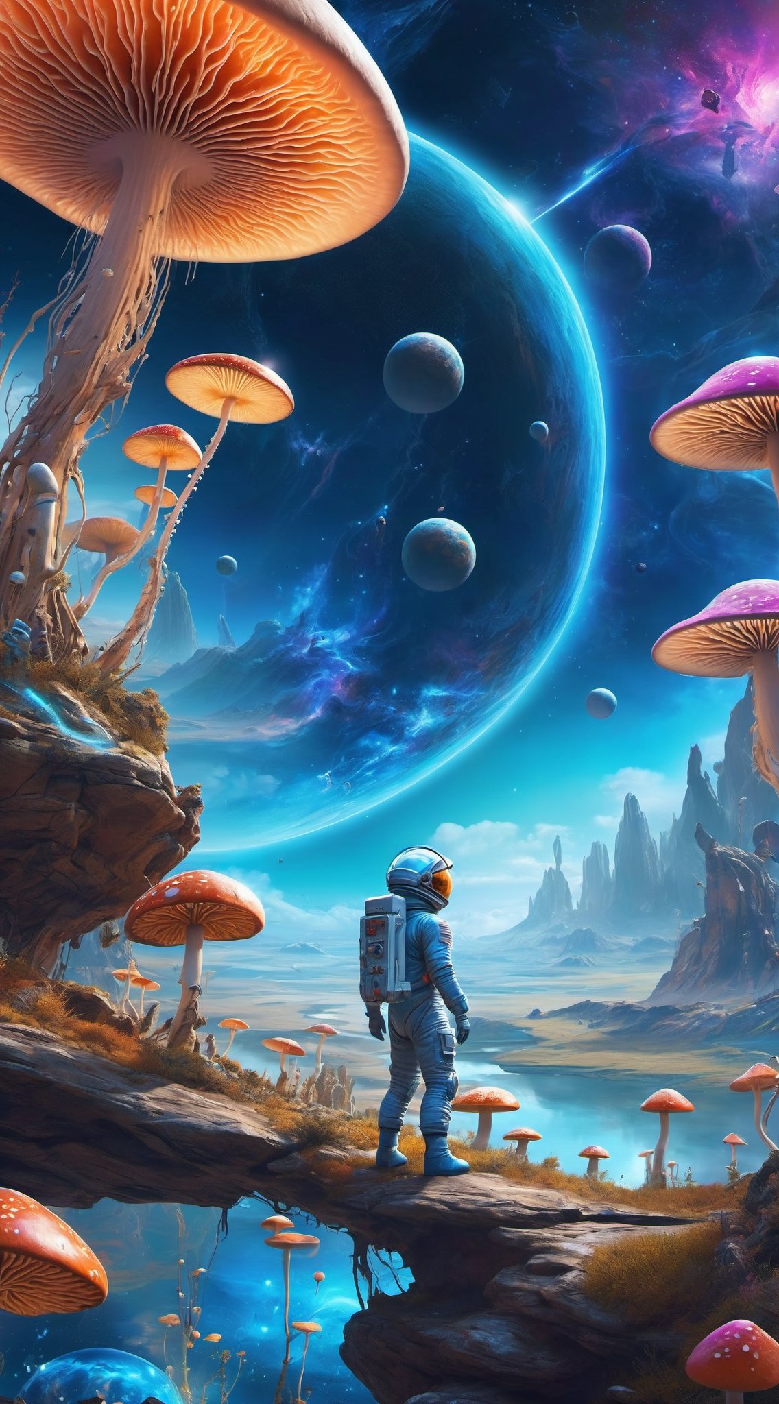 In a stunning video game world, a man in a space suit stands on a rock and gazes at a huge mushroom field. This scene is full of whimsical alien dreams, inspired by the style of Dan Mumford and Alex Grey, and presents a sci-fi art wallpaper-like scene.This picture presents psychedelic landscapes, surreal space scenes and cosmic art details. Brilliant and colorful mushrooms covered the entire ground, giving off a peculiar glow. The landscape in the alien world is full of psychedelic colors and surreal forms, which makes people feel the shock of the soul.In this sci-fi world, players explore the interiors of planets in other worlds, discovering breathtaking details and wonders of sci-fi art. The concept of this game is full of nuanced sci-fi elements, presenting surreal sights and mind-twisting digital art.This beautiful alien landscape makes people feel as if they are in a mysterious and charming alien world, showing the wonders of the universe and unlimited imagination. This is an amazing digital art illustration, showing the interweaving of science fiction and illusion, allowing players to feel the wonder of the universe and the charm of science fiction art.This video game vision picture exhibition beautiful composition 3-d 4 k