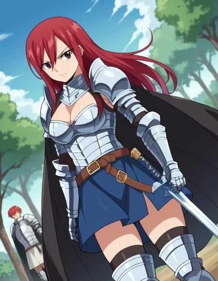 score_9, score_8_up, score_7_up, source_anime,erzascarlet, <lora:erza-scarlet-ponyxl-lora-nochekaiser:1>erza scarlet, long hair, red hair, hair between eyes, brown eyes,skirt, thighhighs, cleavage, boots, belt, sword, cape, armor, gauntlets, armored boots, greaves, knight,outdoors, nature,looking at viewer, dutch angle, cowboy shot