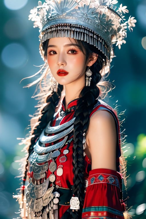 1girl,jewelry,earrings,braid,black hair,solo,hat,long hair,looking at viewer,upper body,lips,red lips,black eyes,traditional clothes,single braid,hair over shoulder,<lora:miaozu_20240524174128>,