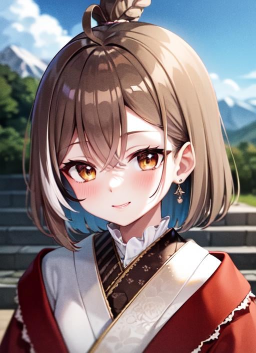 <lora:mumei1-000005:1.0>, mumeisecond, upper body, smile, blush, outdoors, day, simple background, blue sky, sky, temple, looking at viewer, stairs, mountain, moody lighting, facing viewer,