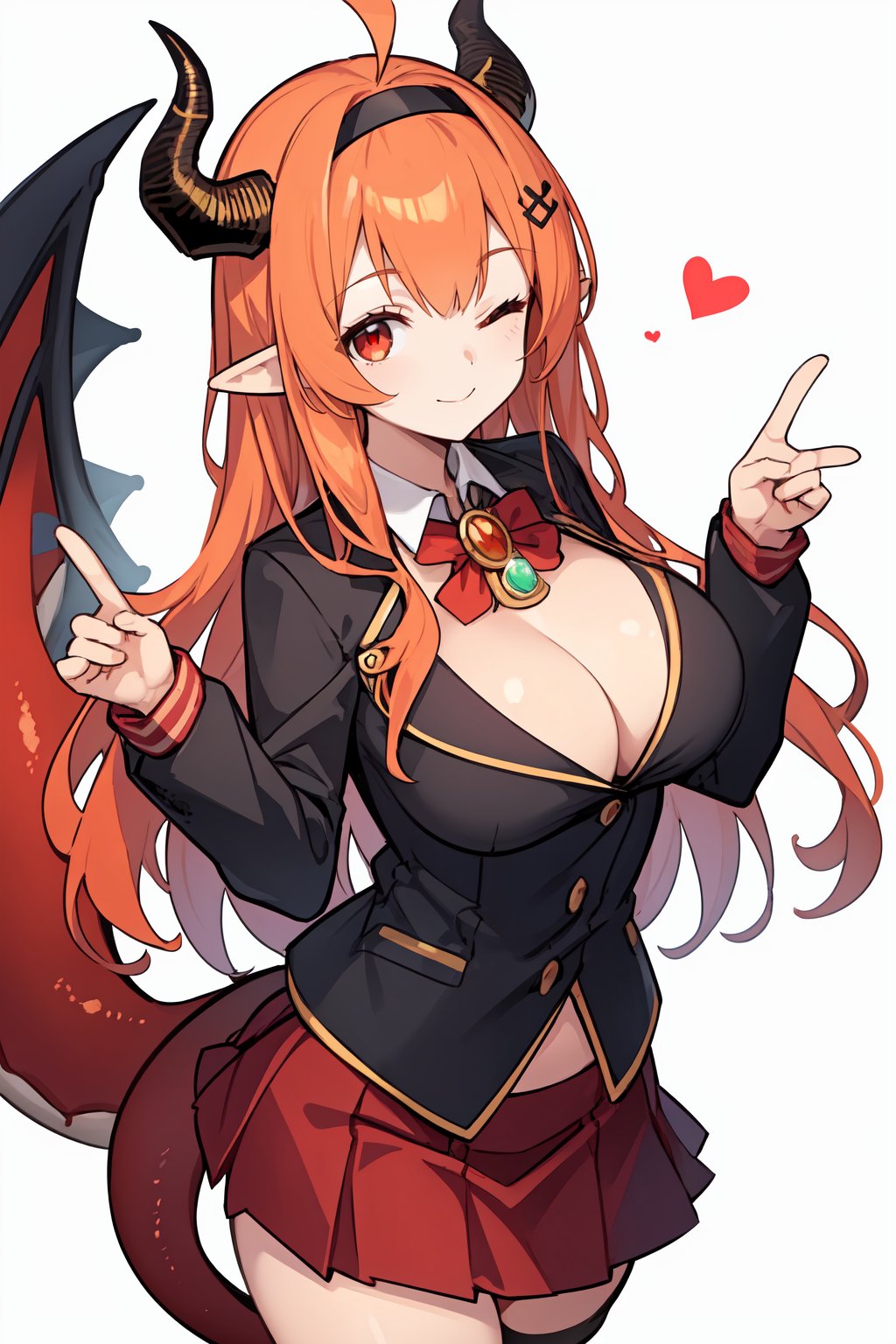 1girl, , ahoge, black hairband, bow, breasts, brooch, cleavage, closed mouth, dragon girl, dragon horns, dragon tail, hairband, horn bow, horn ornament, horns, jewelry, large breasts, long hair, long sleeves, looking at viewer, miniskirt, no panties, one eye closed, orange hair, pleated skirt, pointy ears, red eyes, red skirt, simple background, skirt, smile, solo, striped, striped bow, tail, virtual youtuber, white background, 