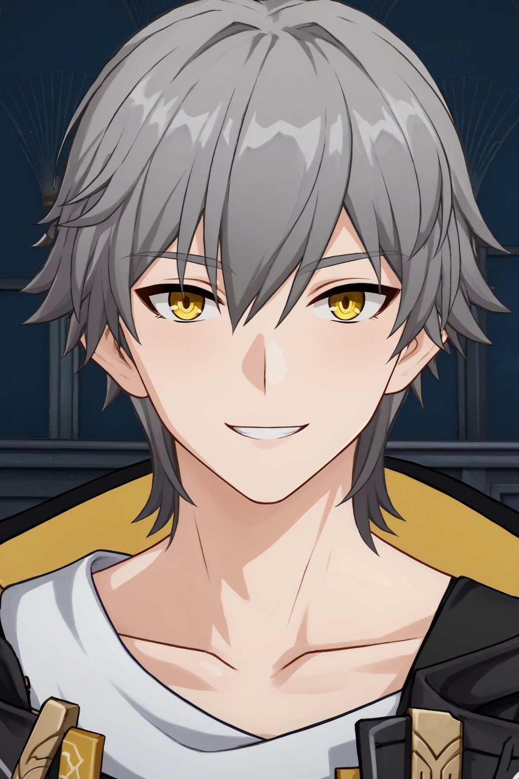 score_9, score_8_up, score_7_up, source_anime, BREAK, 1boy, male focus, caelus, grey hair, hair between eyes, (yellow eyes:1.3), (perfect face, perfect eyes:1.2), seductive smile, BREAK, bishounen, pale skin, slim, toned,BREAK,(portrait:1.2), indoors, simple background<lora:EMS-32082-EMS:1.000000>, <lora:EMS-22619-EMS:0.800000>, <lora:EMS-372572-EMS:0.800000>