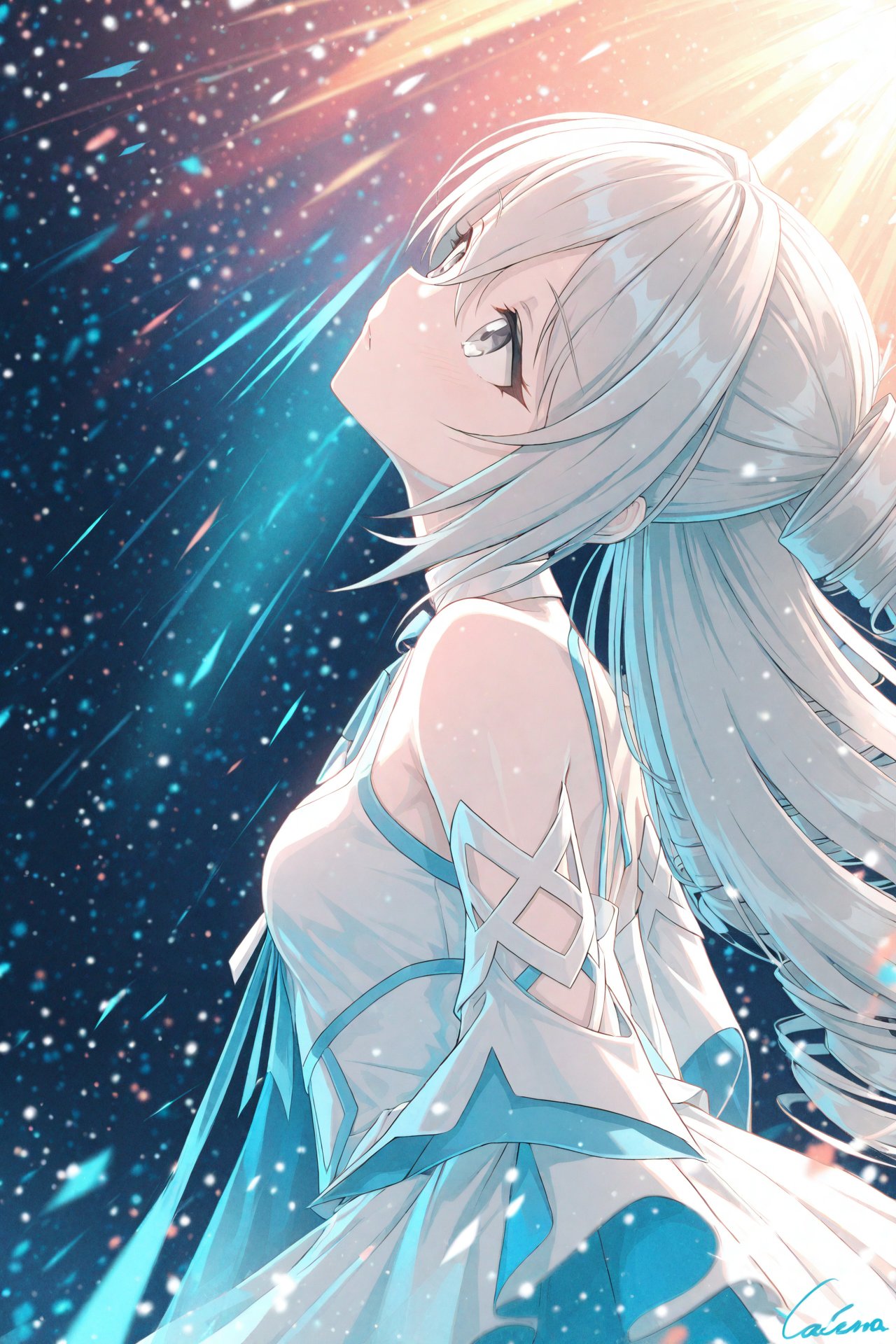 (masterpiece),(best quality),illustration,ultra detailed,hdr,Depth of field,(colorful),Artist caisena,1girl,solo,long hair,dress,white dress,grey hair,bronya zaychik,drill hair,detached sleeves,signature,looking up,bare shoulders,from side,grey eyes,