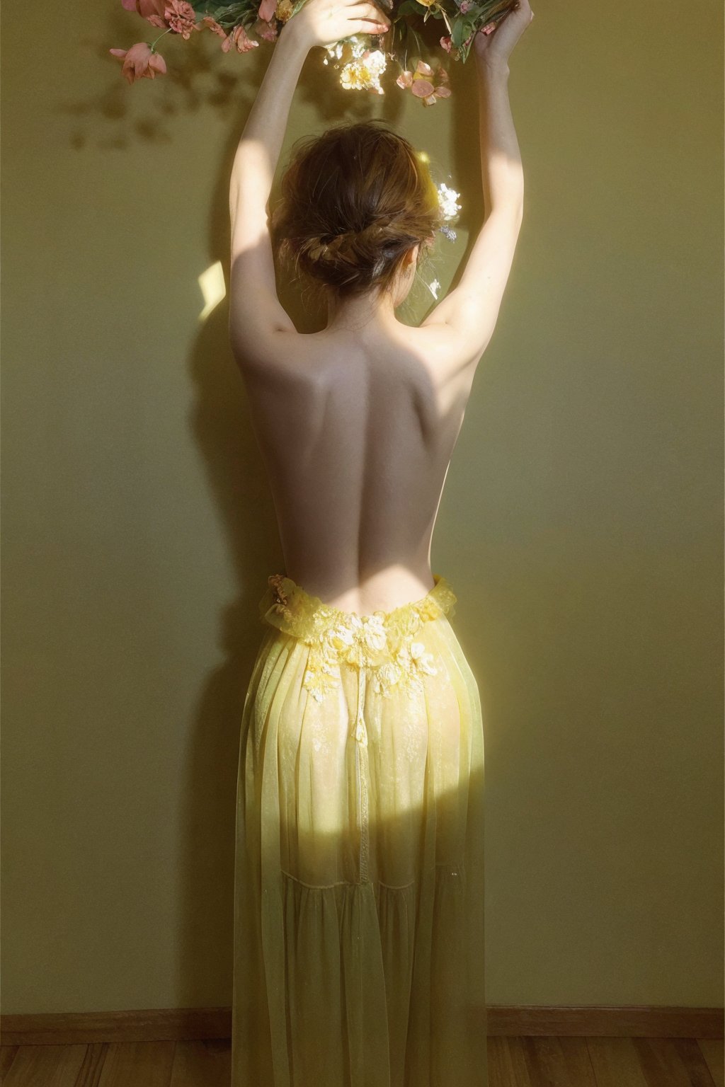 masterpiece,best quality,ultra high res,high details,1girl,bare back,topless,mottled sunlight,light and shadow,outdoors,(colorful_flowers:1.3),Rear view, arms raised,Golden Ombre see-through dress,oil painting style,<lora:踏山听海【背控】:0.8>,