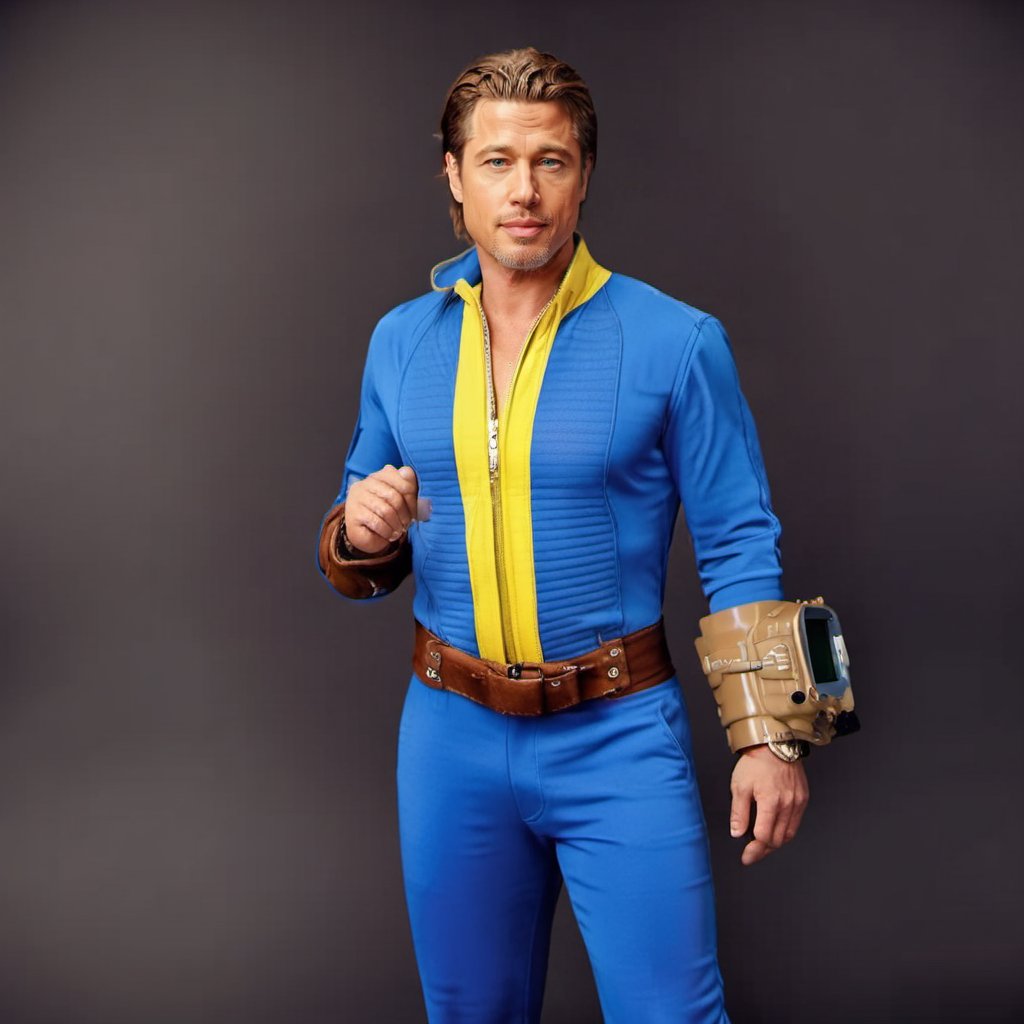 cinematic photo a full body brad pitt wears a blue and yellow jumpsuit, computer wrist <lora:Fallout-V2-1024-120:0.9> . 35mm photograph, film, bokeh, professional, 4k, highly detailed