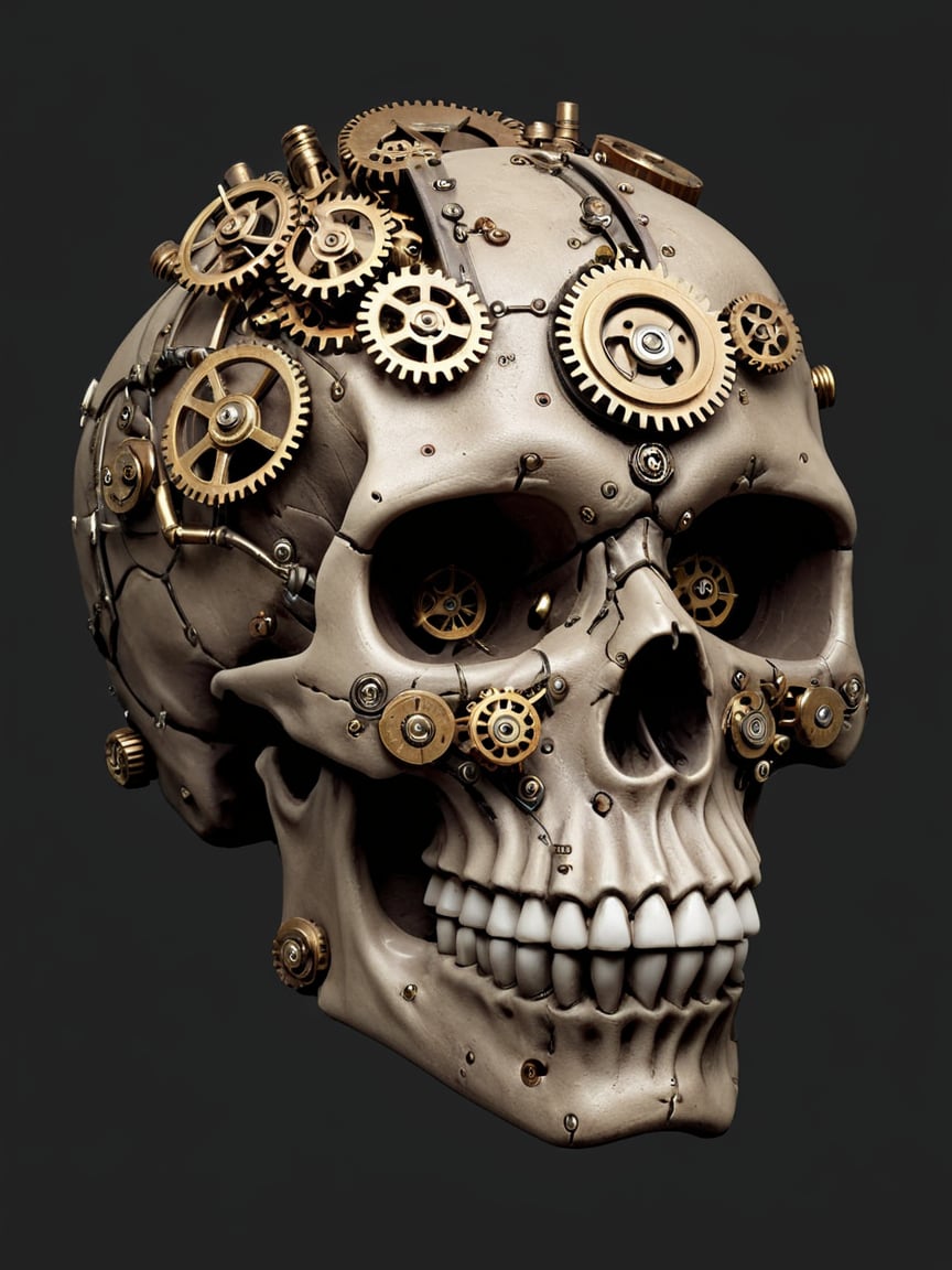 <lora:steampunkXL:0.7> steampunk, no humans, gears, simple background, skull