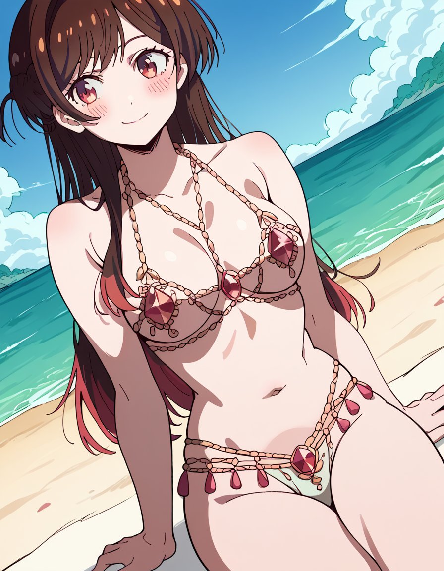 score_9, score_8_up, score_7_up, source_anime, chizuruichinose, <lora:chizuru-ichinose-s1-ponyxl-lora-nochekaiser:1>, chizuru ichinose,, <lora:venus-bikini-ponyxl-lora-nochekaiser:1>, venus bikini, fortune bikini, naked jewelry, navel,, beach, sitting, smile, blush,, cowboy shot, dutch angle,