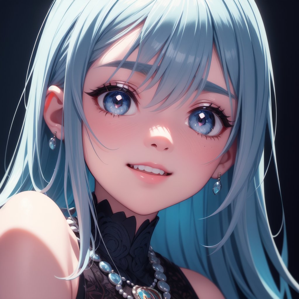 a close up from 1 beautiful and cute girl, extreme close-up, detailed blue-silver eyes, long red hair,  beautiful dainty necklace,  shy smile,  (masterpiece:1.2), (best quality:1.2), newest, ai-generated, ultra-detailed, best shadow, detailed background, high contrast, (best illumination, an extremely delicate and beautiful), ((cinematic light)), hyper detail, dramatic light, intricate details, 8k, anime, very aesthetic, vibrant color,